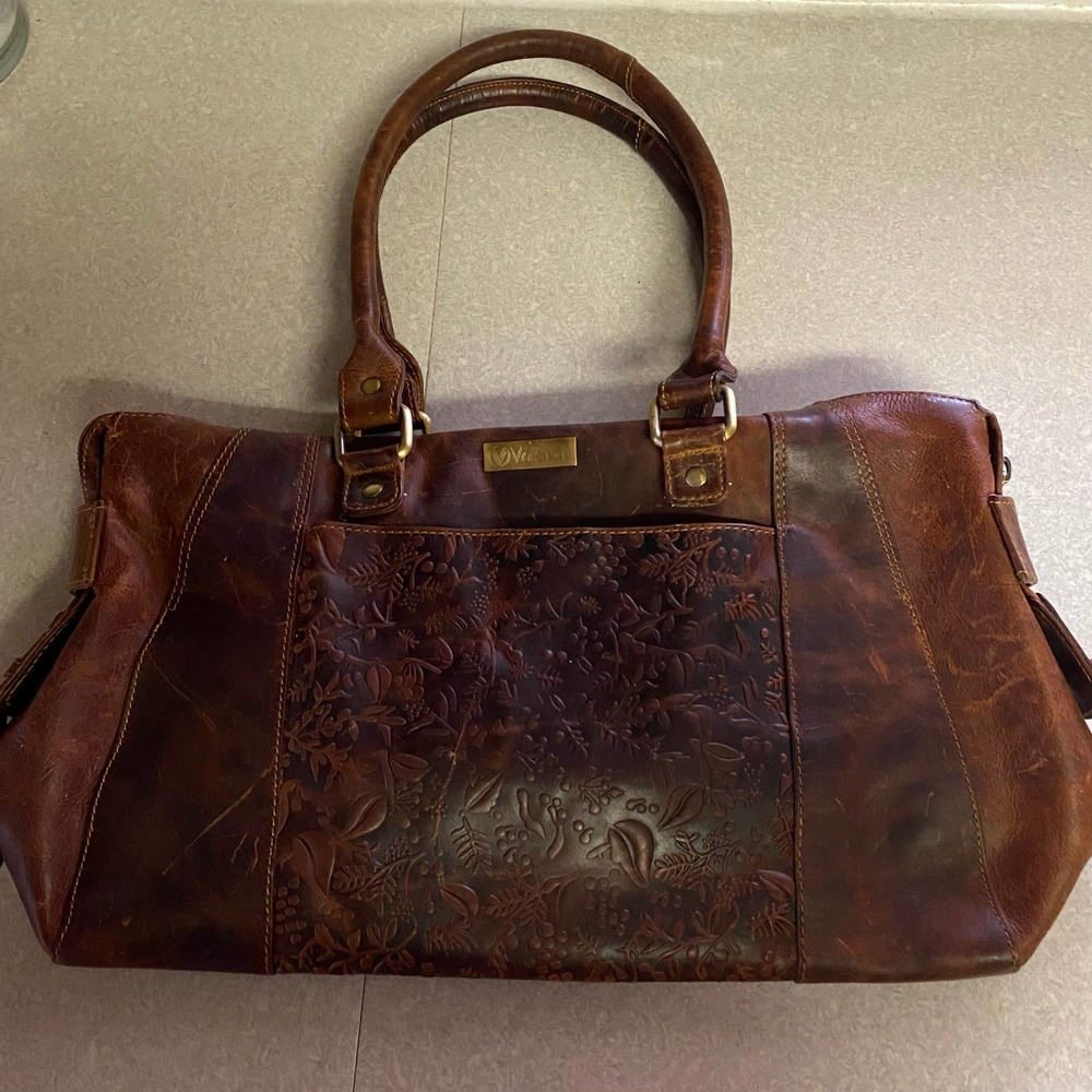 Valenchi Brown Tooled Floral Leather Bohemian Western Shoulder Bag